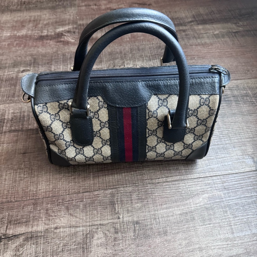 Gucci Black and Beige Satchel with Red Stripe